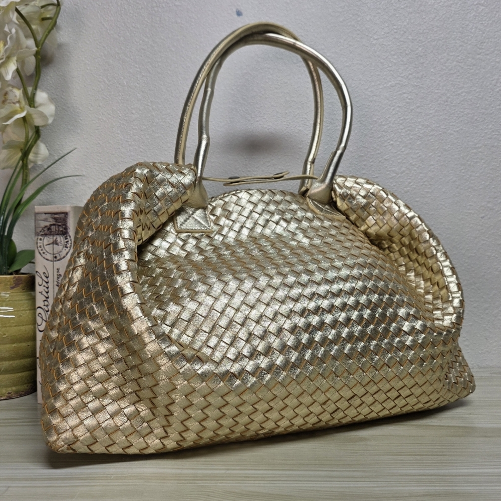 Cochni Italian Leather Goldtone XL Weave Tote Shoulder Bag
